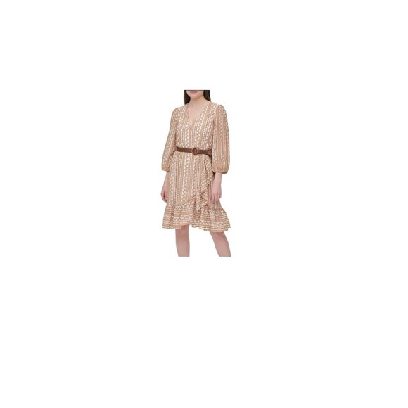 Calvin Klein Dresses & Skirts - Calvin Klein lace V-Neck 3/4 sleeve Belted ruffle dress.